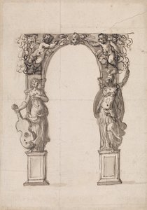 Design for a Temporary Arch Ornamented with Putti and Allegorical Figures of Music and War by Inigo Jones